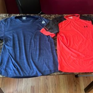 Men’s Large work out shirts Reebok Under Armour bundle of 2 active wear red blue